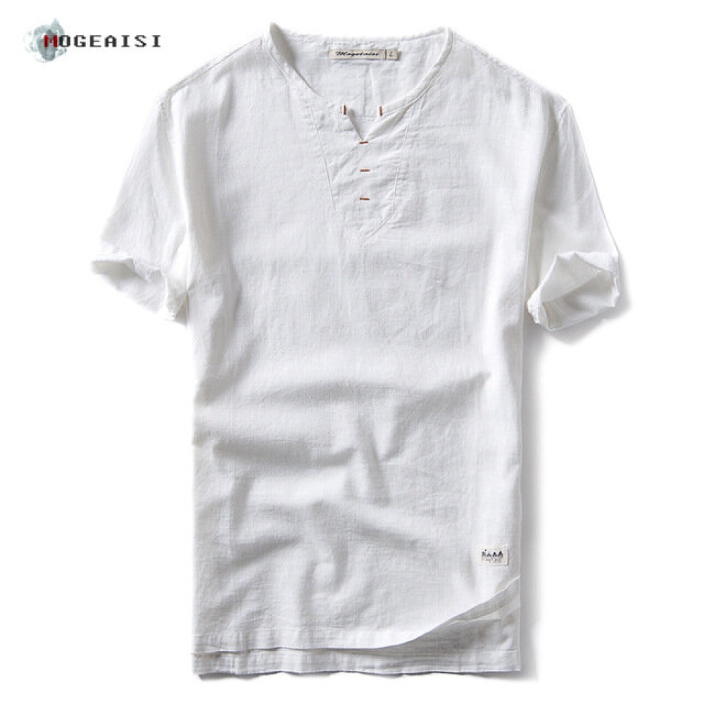 Season Thin Section Cotton And Linen T-shirt Men's Straight Solid Color Casual V-neck Linen Shirt Popular Men's Chinese Style Shirt - L Blue