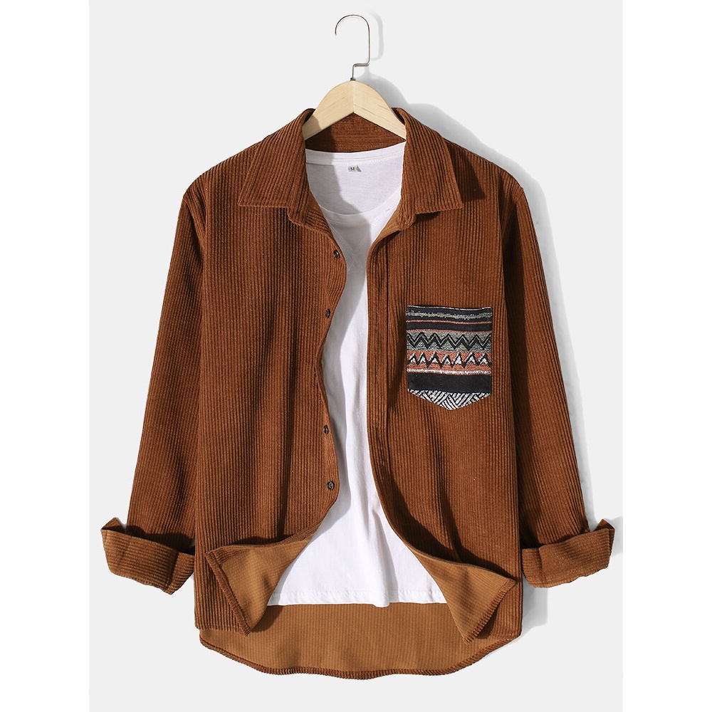 Mens Vintage Chevron Pattern Chest Pocket Corduroy Long Sleeve Shirts - Brown XL