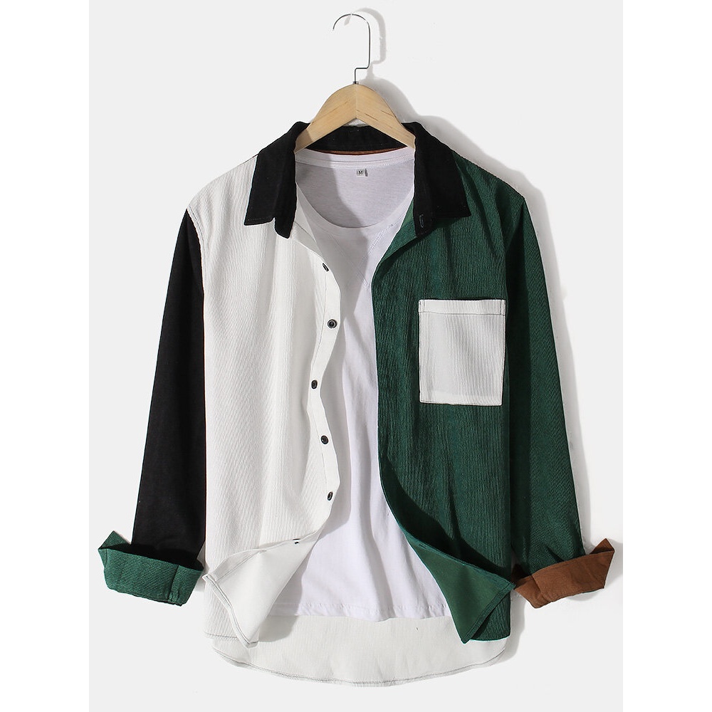 Corduroy Stitching Chest Pocket Lapel Long Sleeve Green Shirts For Men - Green 2XL