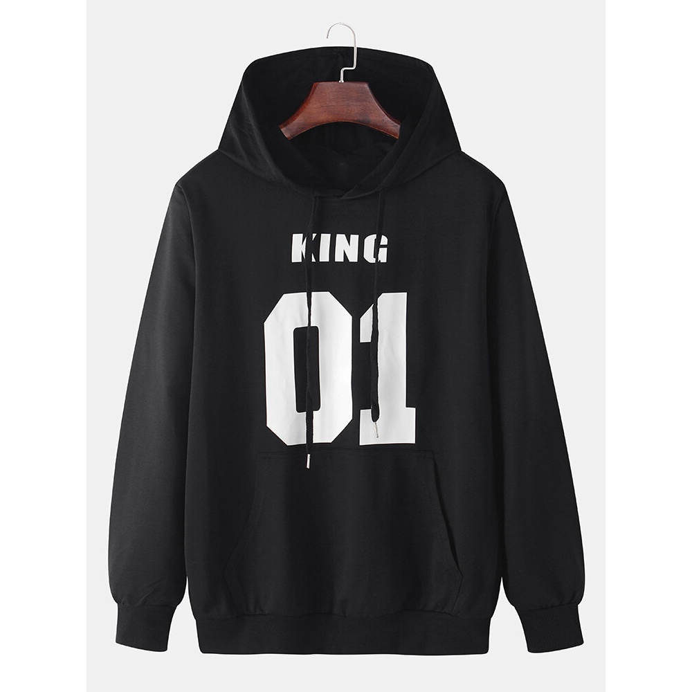 Mens Cotton Number Print Solid Color Daily Drawstring Pullover Hoodies - Black M