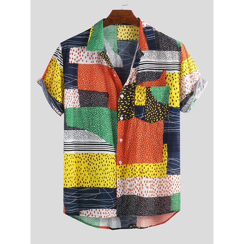 Men Color Block Dot Short Sleeve Hawaiian Shirts - 2XL Rose