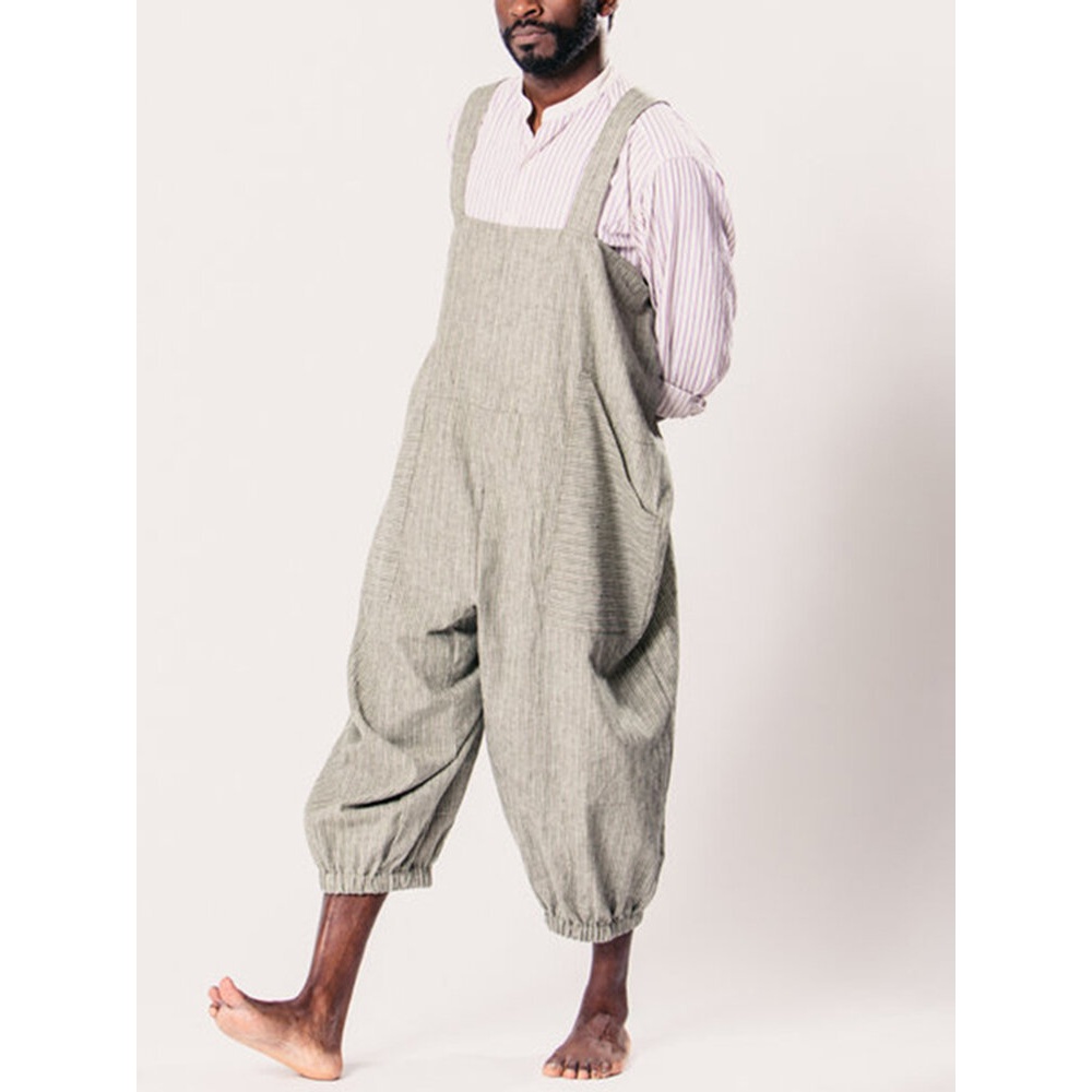 INCERUN Mens Striped Printing Multi Big Pocket Drawstring Loose Overalls Baggy Pants Rompers - S White