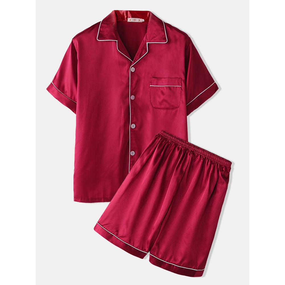 Men Two Piece Faux Silk Pajamas Set Plain Home Lapel Collar Satin Sleepwear Tops - White M