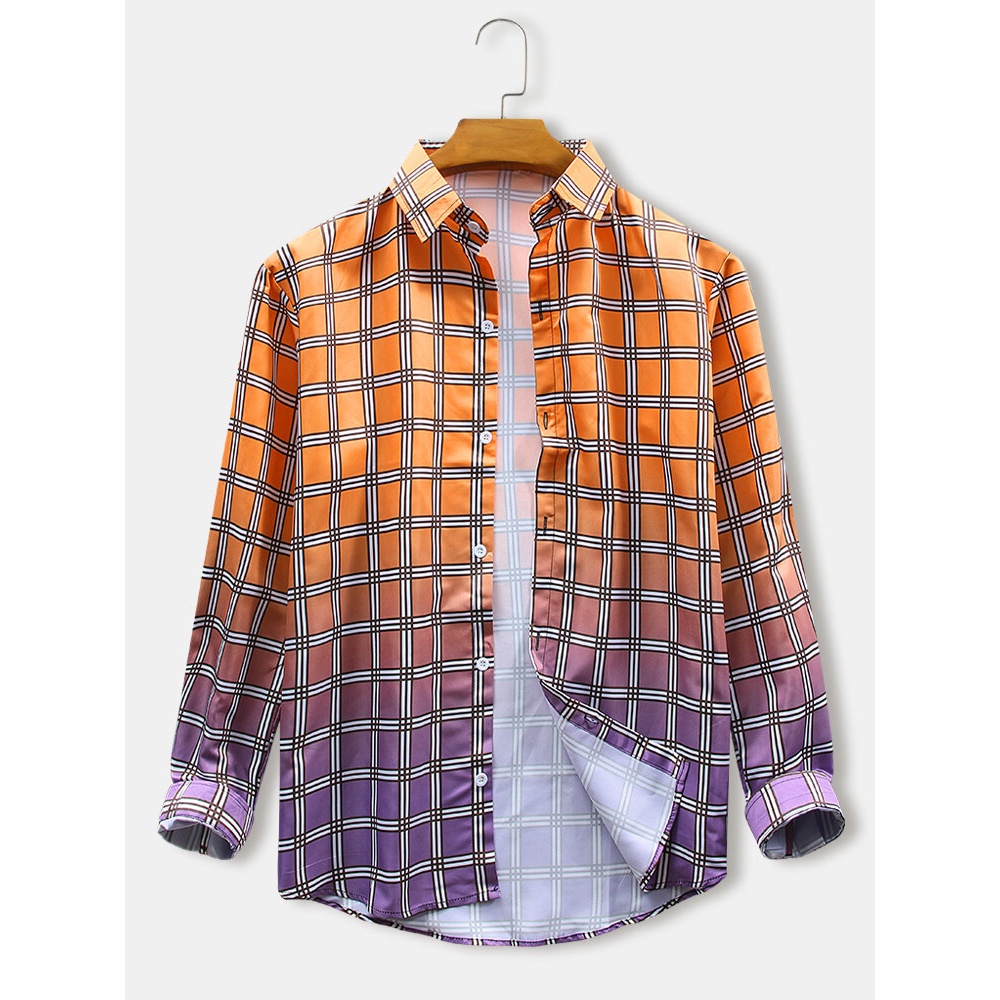 Mens Plaid Print Design Gradient Button Up Long Sleeve Casual Shirts - Sky Blue L