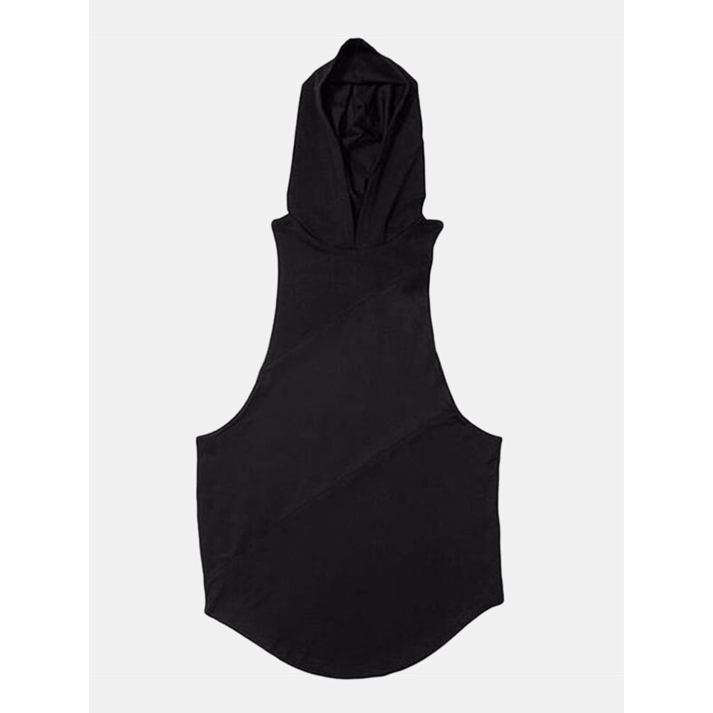 Mens Stitching Fitness Solid Color Cotton Hooded Loose Tank - L White