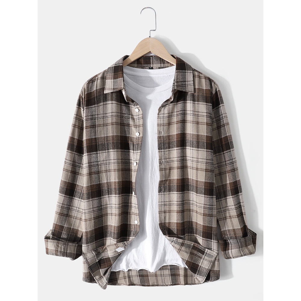 Mens Cotton Plaid Lapel Button Up Long Sleeve Shirts - Yellow M