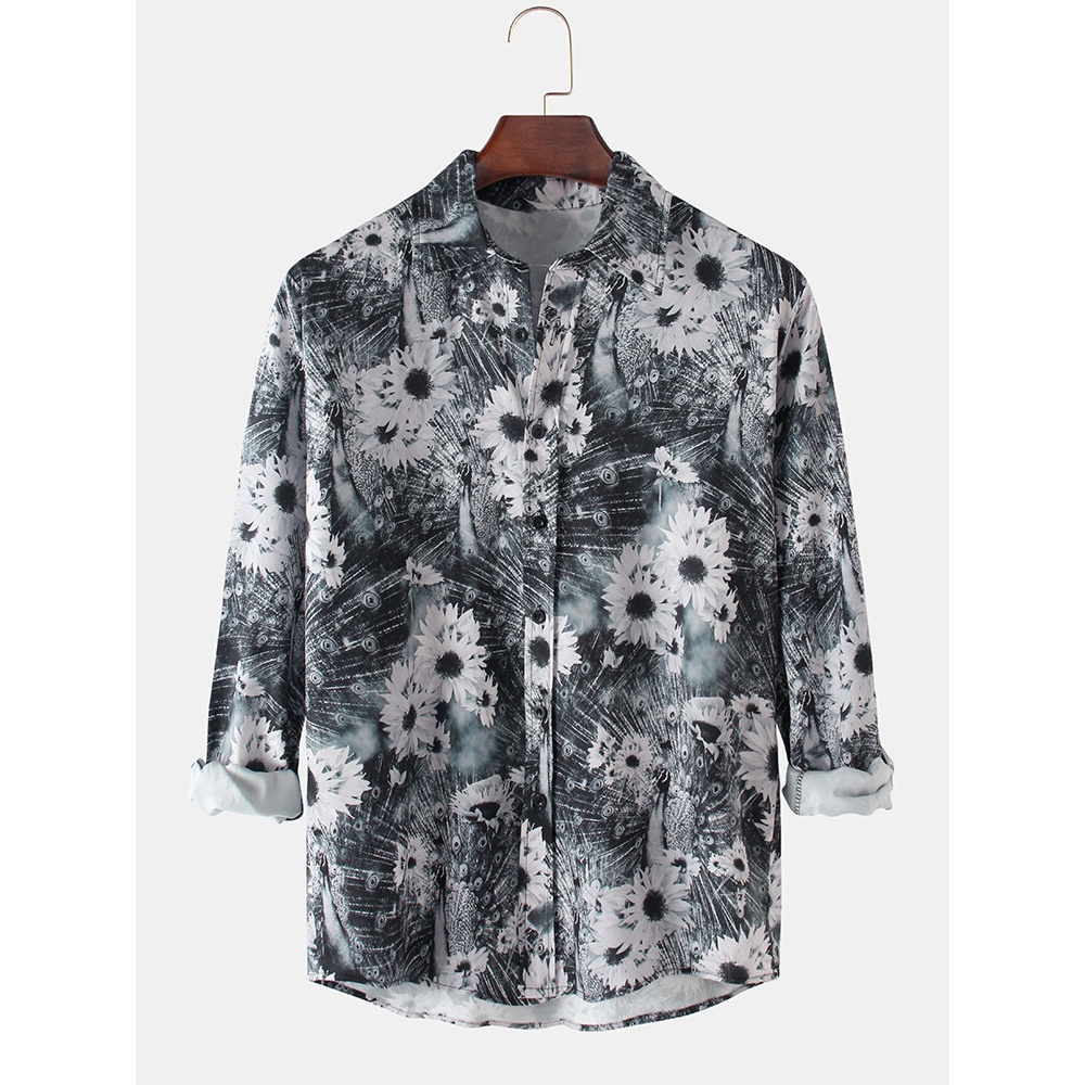 Mens Allover Sunflower Printing Casual Button Up Curved Hem Long Sleeve Shirts - White XL