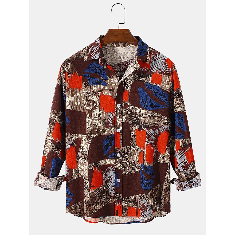 Mens Abstract Printing Flax Lapel Collar Loose Casual Long Sleeve Shirts - Red L