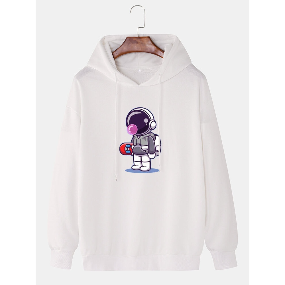 Mens Cartoon Astronaut Print Long Sleeve Drop Shoulder Hoodies - White L