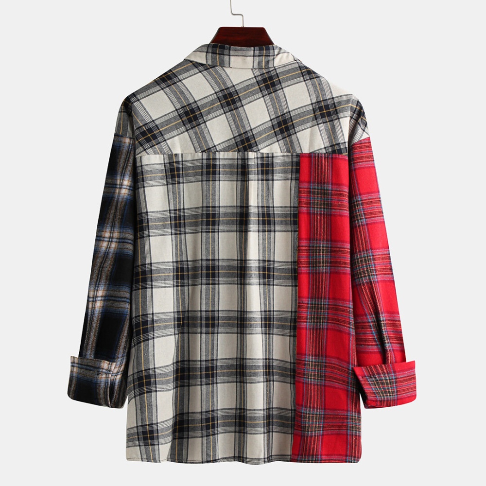 Men Stitching Color Long Sleeve Loose Checked Shirts - M Red - Image 2