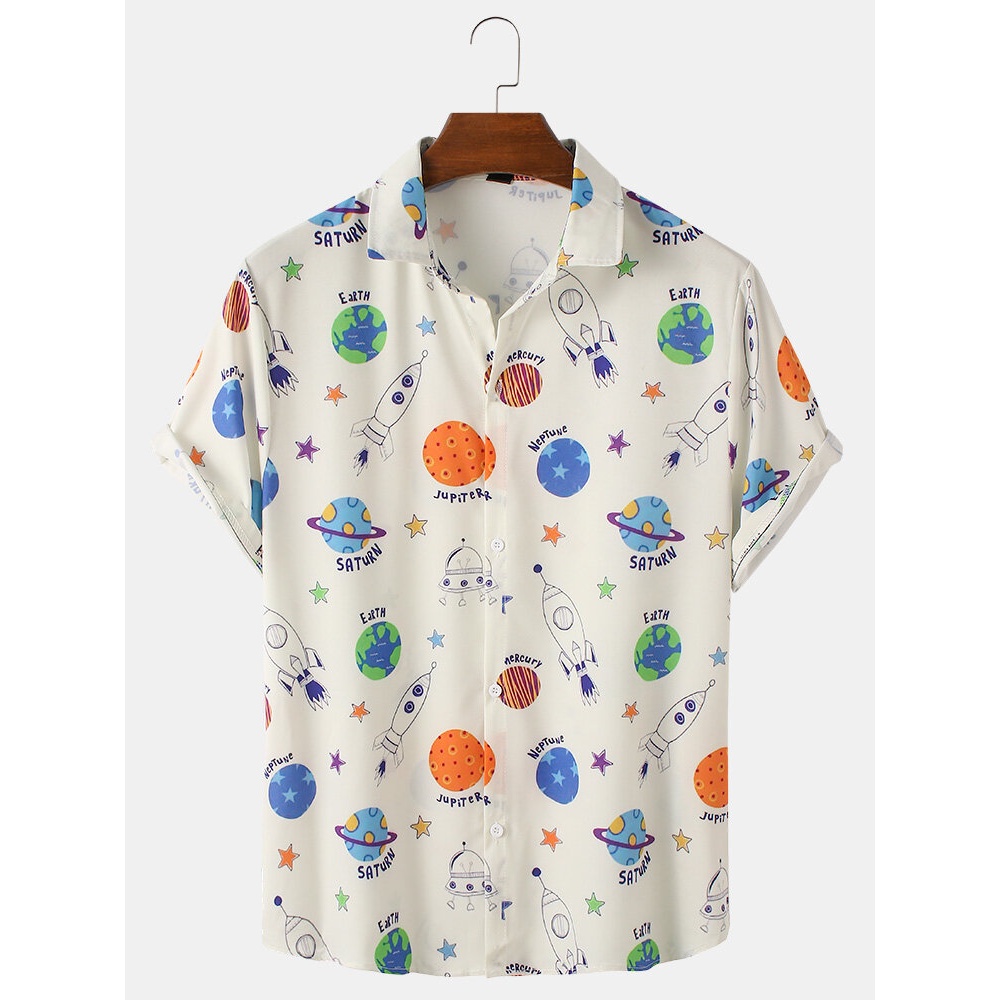 Mens Funny Cartoon Letter Print Light Casual Loose Short Sleeve Shirts - White S