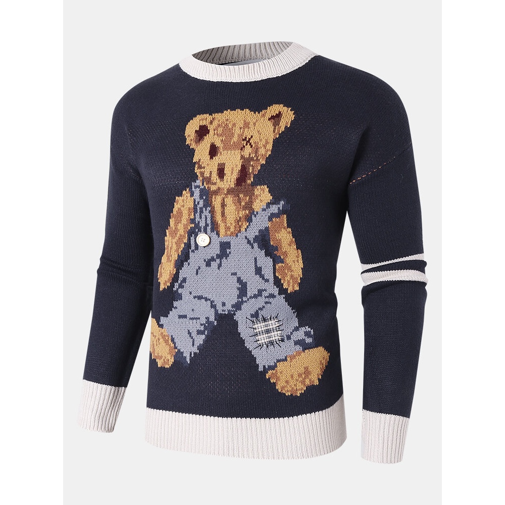 Mens Cartoon Bear Pattern Crew Neck Knit Pullover Sweaters - Grey M
