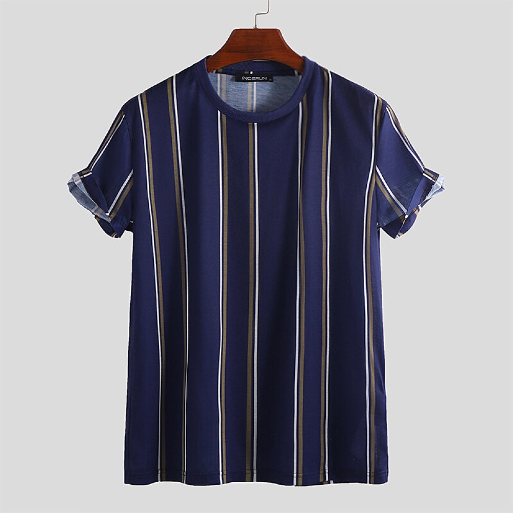 Men Vertical Stripe Short Sleeve Crew Neck Relaxed T-Shirts - S Navy
