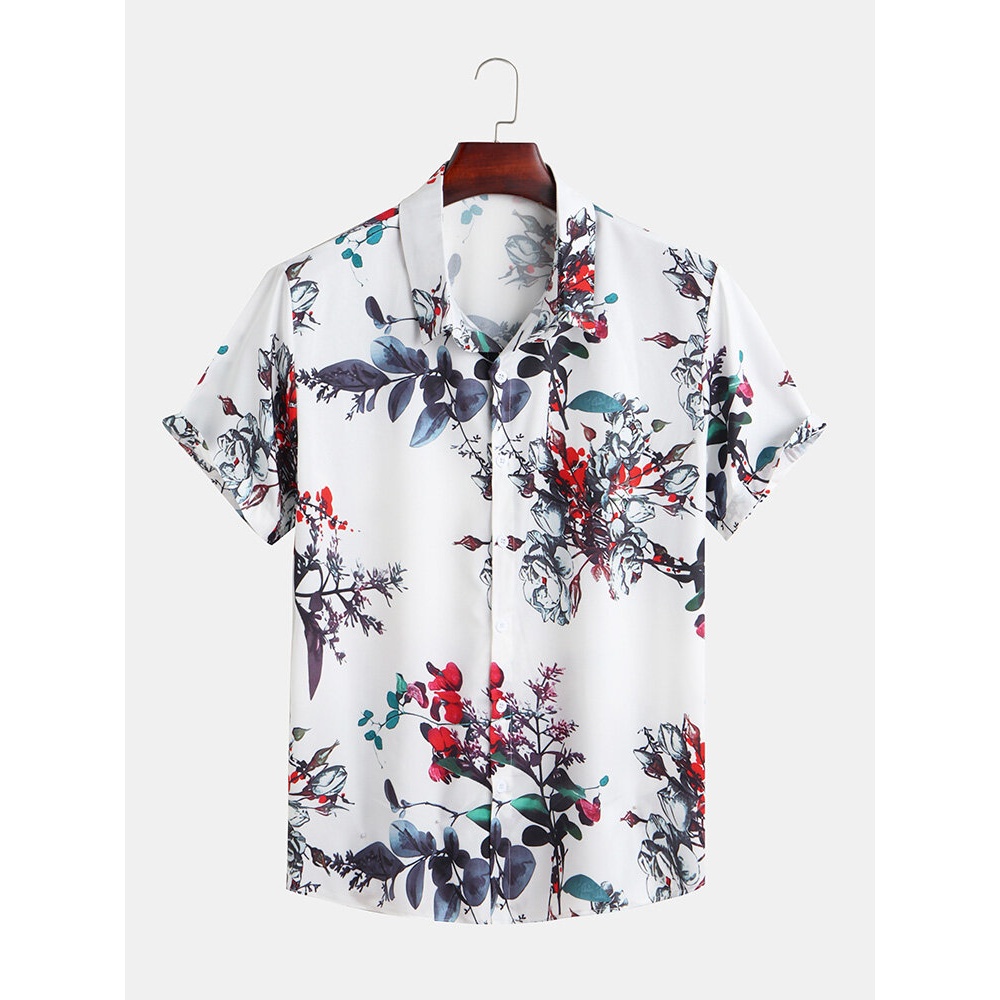 Mens Chinese Style Floral Printing Summer Loose Shirts - XL Red