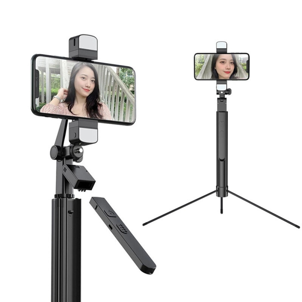 K30 Foldable Dual Fill Light Handheld Stabilizer bluetooth Selfie Stick Tripod With Shutter Remote - Black