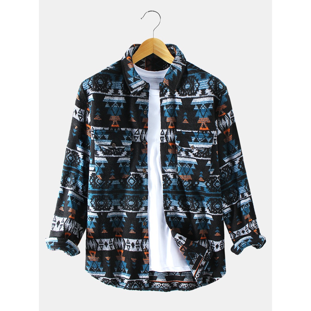 Mens Vintage Tree Printing Long Sleeve Casual Shirts - 3XL Blue