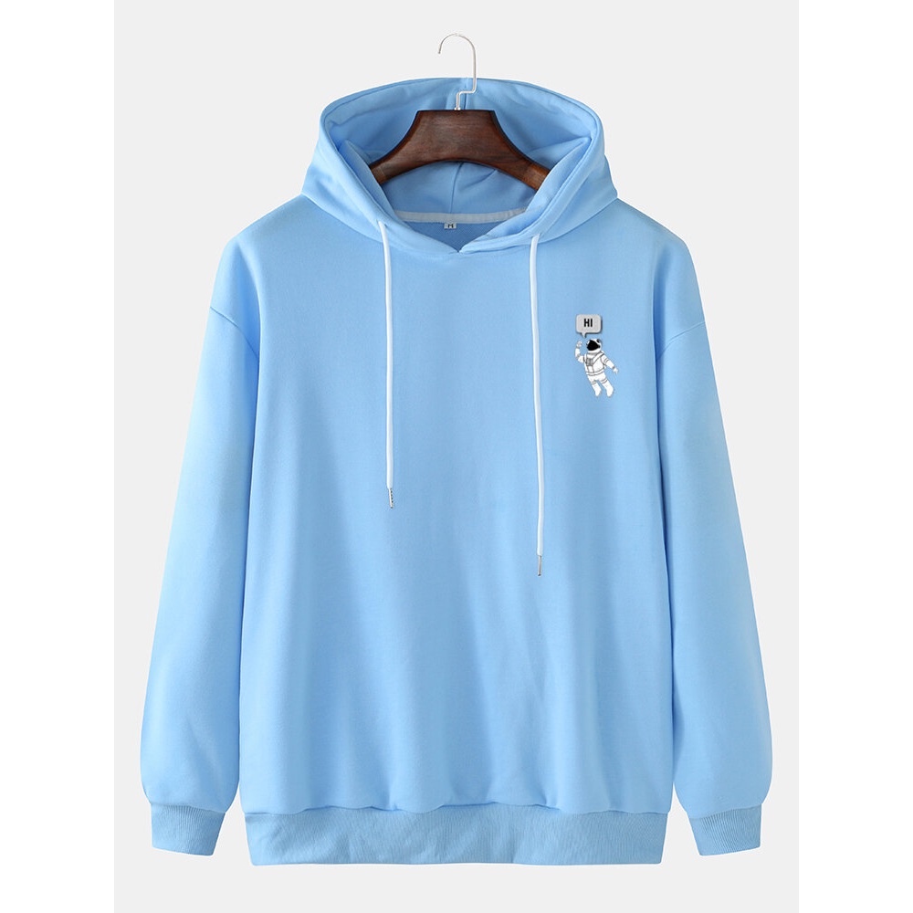 Mens Hi Astronaut Solid Color Drawstring Pullover Casual Hoodie - Sky Blue L