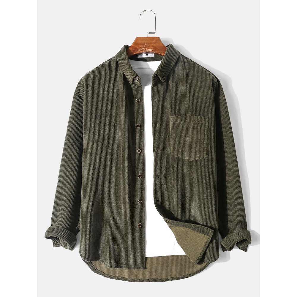 Men Corduroy Sheer Chest Pocket Curved Hem Long Sleeve Casual Shirts - Green S