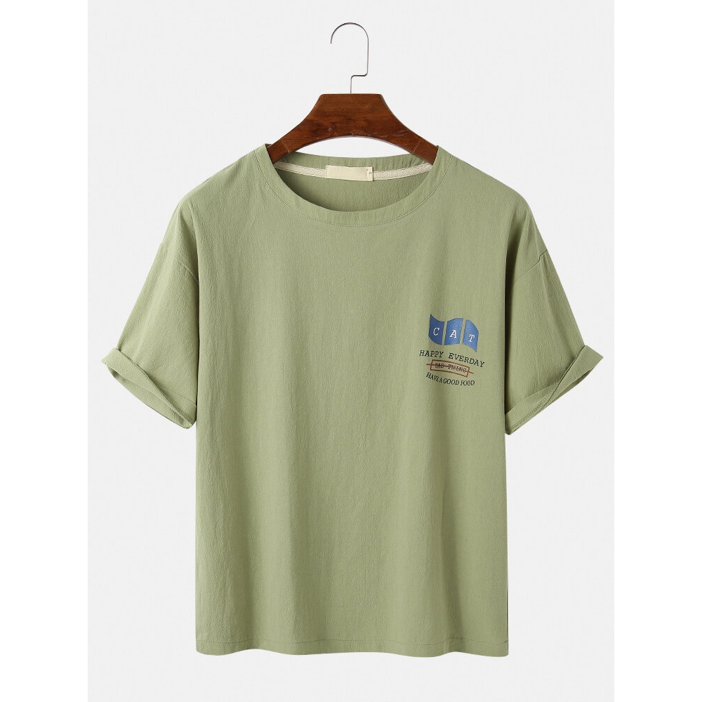 Mens Cotton Cartoon Cat Print Solid Color Loose Thin Round Neck Casual T-Shirts - Black S