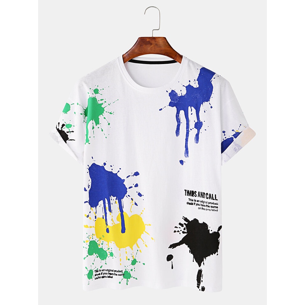 Men Graffiti Pigment Letter Print Crew Neck Breathable Short Sleeve T-Shirts - Yellow S