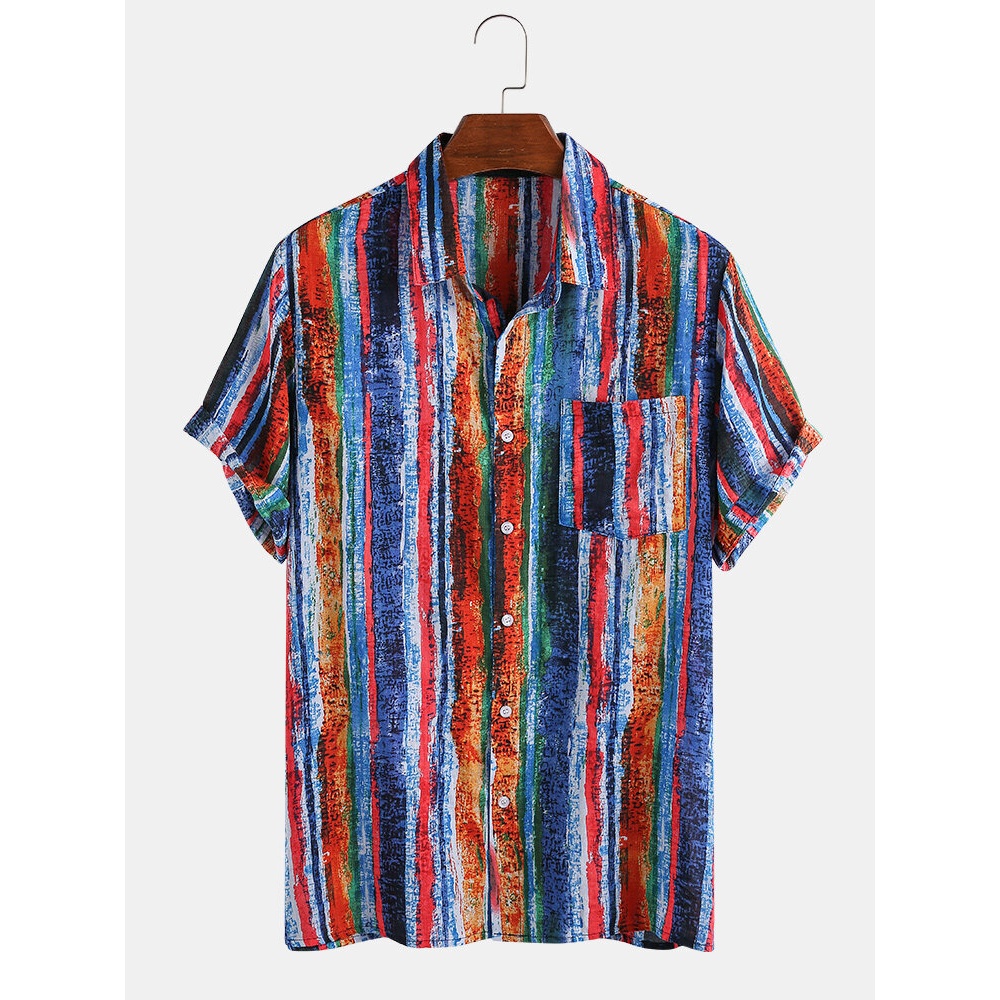 Men 65% Cotton Graffiti Color Striped Printed Casual Loose Lapel Short Sleeve Shirts - Red M