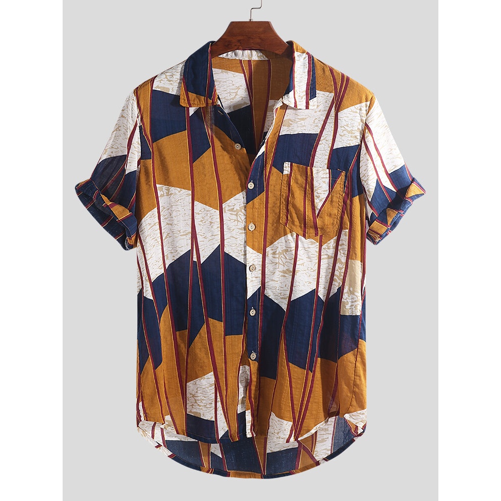 Mens Abstract Contrast Colorblock Chest Pocket Short Sleeve Casual Shirts - Yellow L