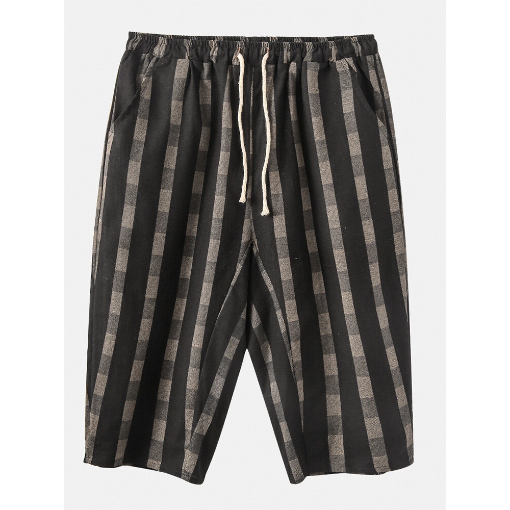 Mens Vintage Cotton Striped Drawstring Casual Calf Length Pants - Red S