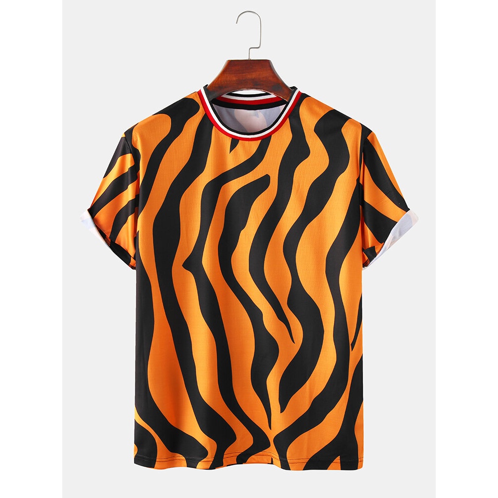 Mens Zebra Print Breathable & Thin Loose O-Neck T-Shirts - Orange S
