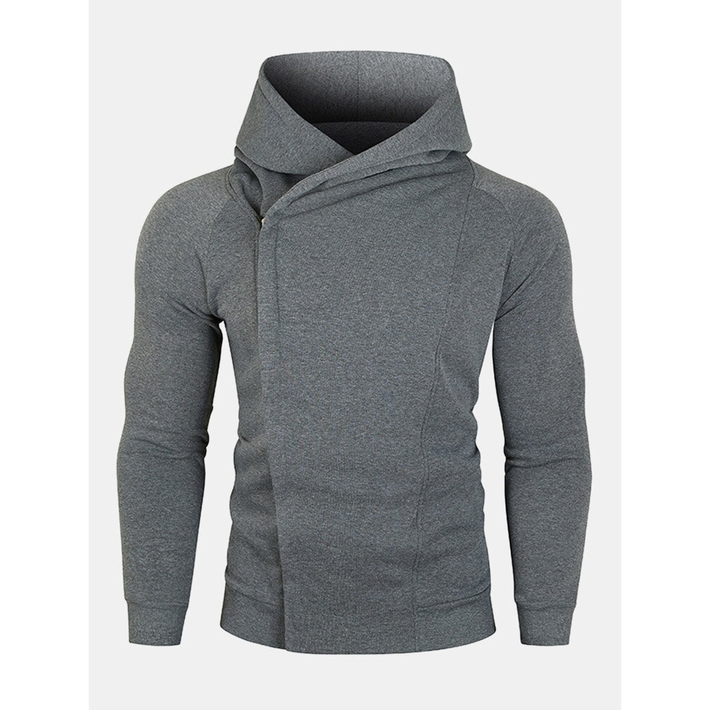 Men Solid Zipper Raglan Sleeve Design Sport Hooded Sweatshirt - Dark Grey S