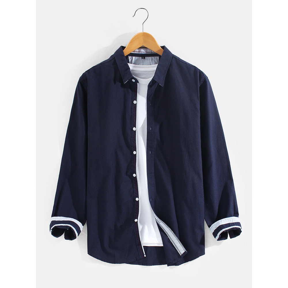 Mens Brief Style 100% Cotton Casual Button Up Lapel Long Sleeve Shirts - S Blue