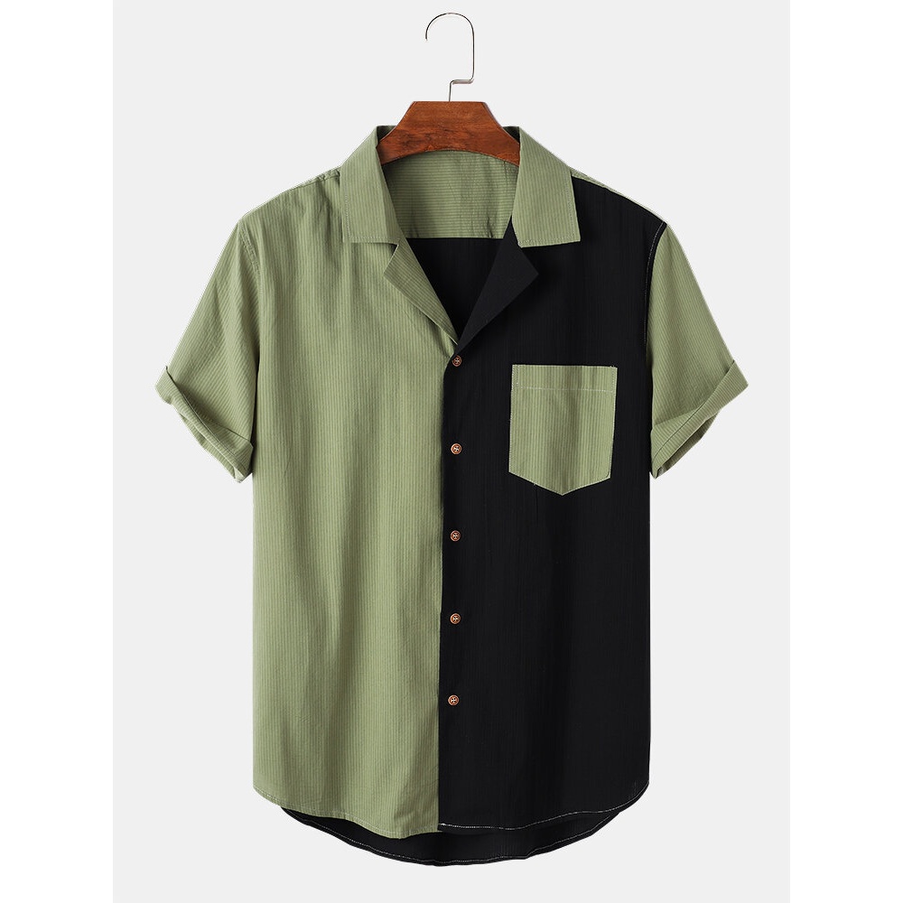 Mens Casual 100% Cotton Patchwork Pocket Shirts - Green XL
