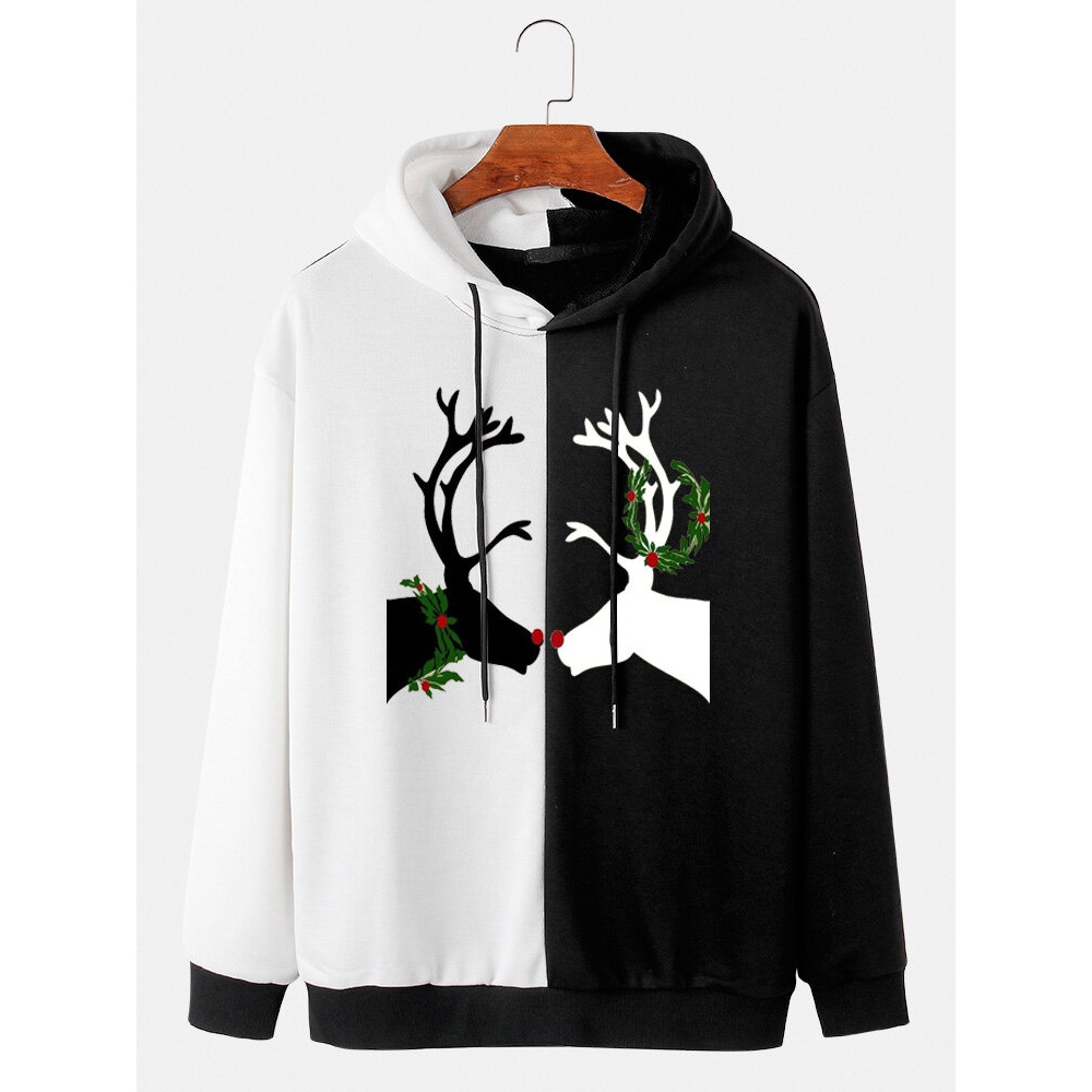 Mens Two Tone Patchwork Elk Head Print Casual Drawstring Hoodies - Black M
