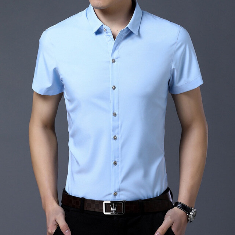 Men Shirt Business Casual Solid Color Slim Shirts - M Dark Blue - Image 2