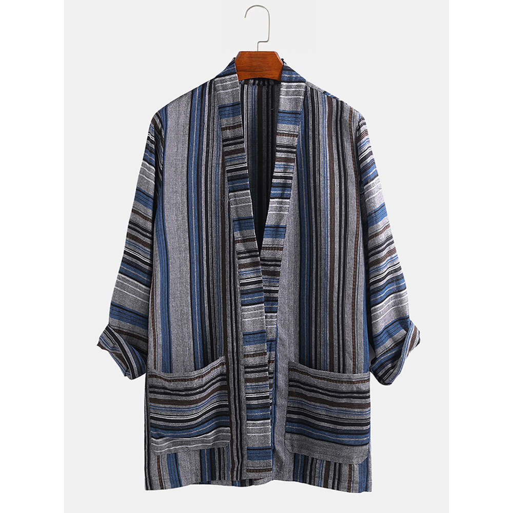 Mens Cotton Vintage Stripe Dual Pocket Kimono Cardigan Shirts - XL Wine Red