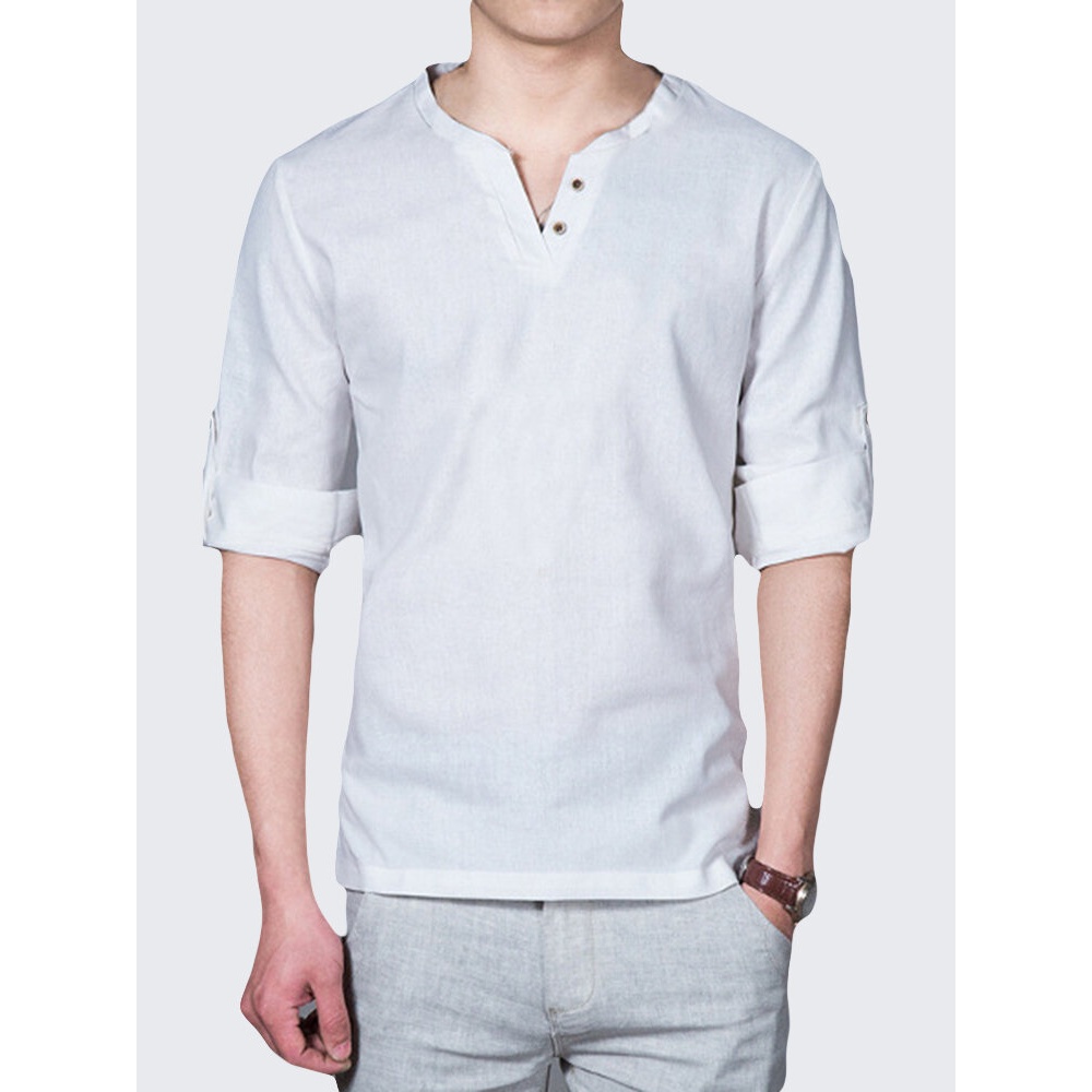 Mens Casual Linen Stand Collar Long Sleeve T-shirts Fashion Solid Color Tops - L Beige