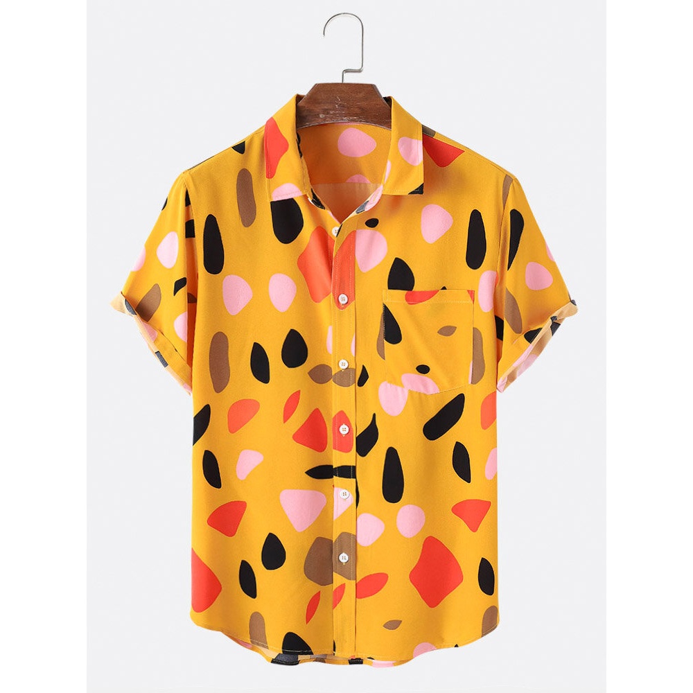 Mens Colorblock Print Lapel Holiday Casual Short Sleeve Shirts - Black S