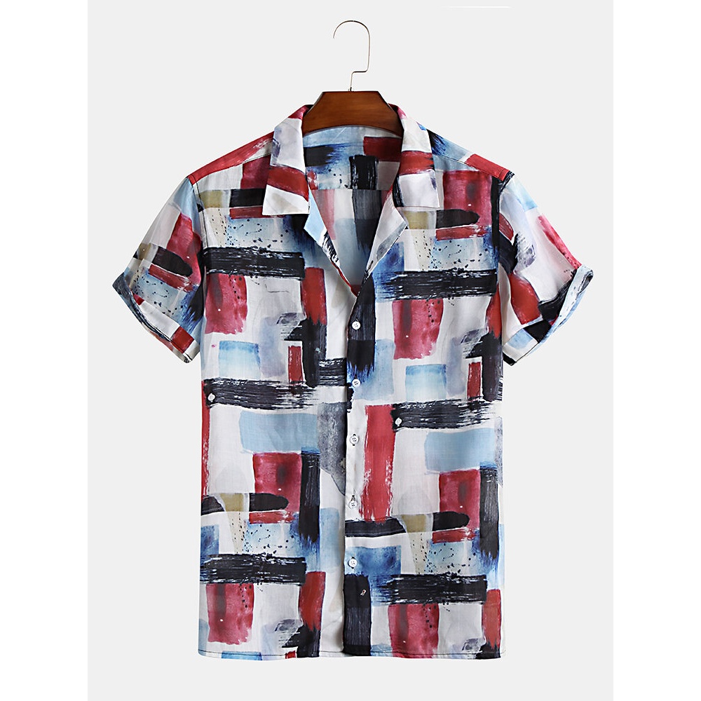 Men Abstract Graffiti Printed Short Sleeve Shirts - 3XL Red