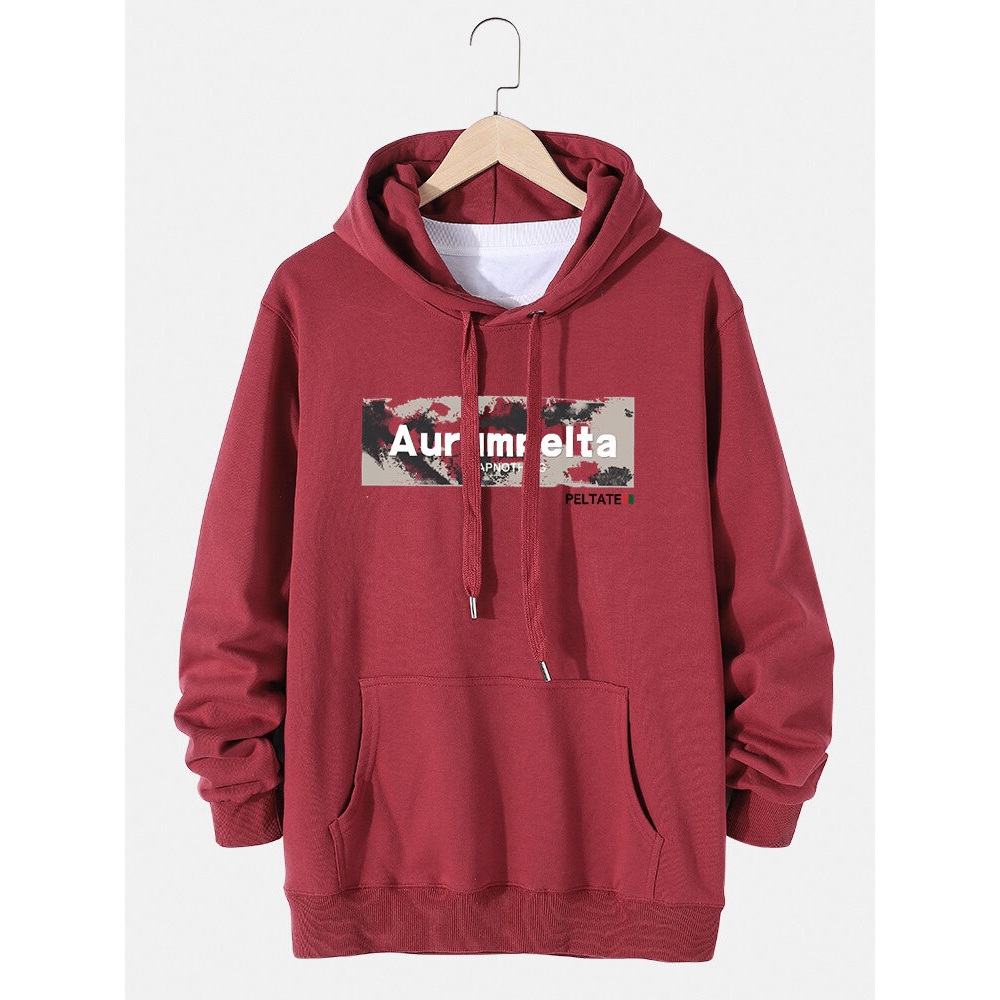 Mens Letter Graphic Printed Cotton Kangaroo Pocket Casual Drawstring Hoodies - Navy 3XL