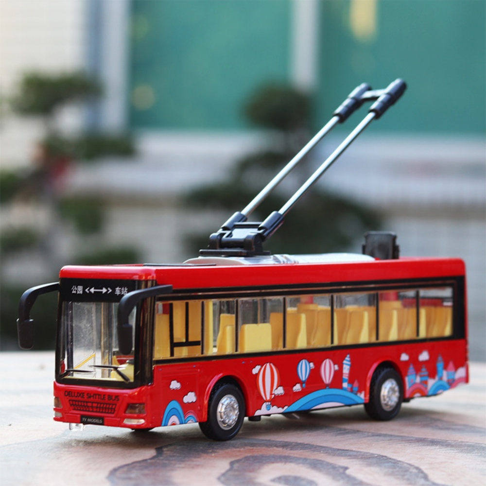 1:36 Scale Car Modeling Metal Alloy Trolleybus Voice Announcement Light Sound Toy for Kids Collect(Box Packing) red - Image 2