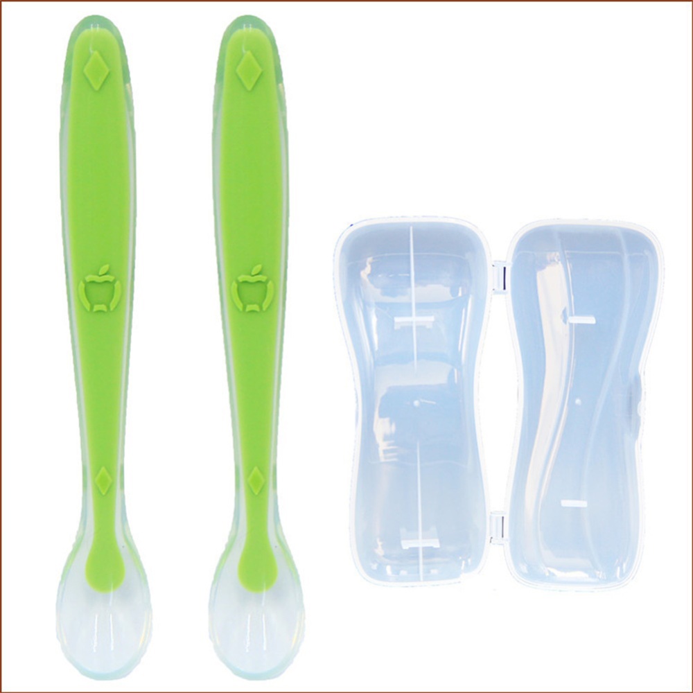 2pcs Silicone Baby Spoon Infant With Travel Case For Self Feeding Training Green+green - Image 2