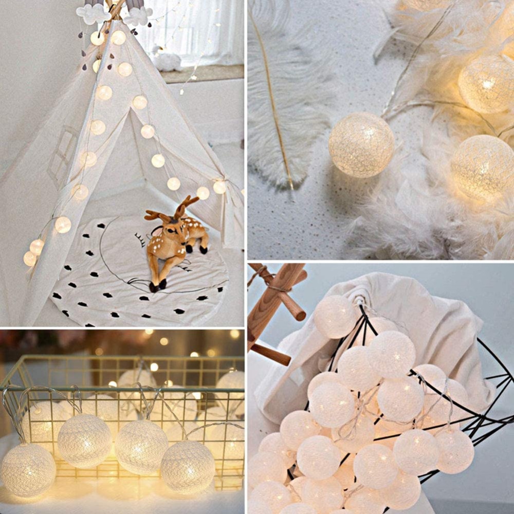 2m 10 Lamp Led Light String 6cm Diameter Cotton Ball Lights Interior Outdoor Decoration Night For Children Room Party Wedding Garden Grey - Image 3