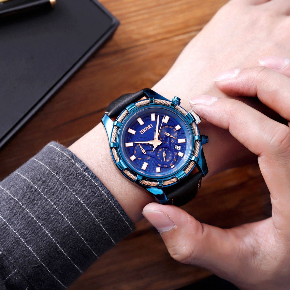 SKMEI Fashion Sport Watch Men Luxury 30M Waterproof Leather Strap Luminous Quartz Wristwatch - Blue - Image 3