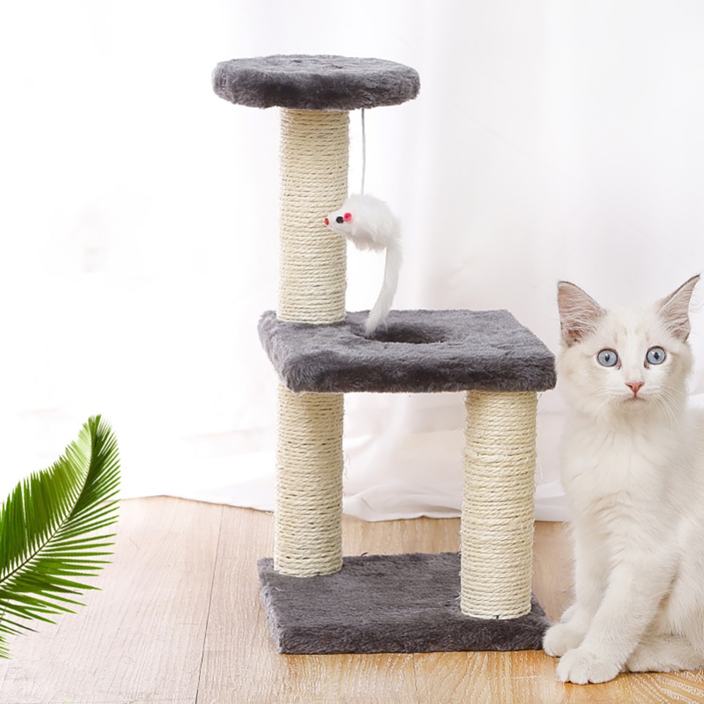 Cat Tree Tower Three-column Three-layer Square Climbing Platform Jumping Toy 20x20x40cm Grey - Image 3