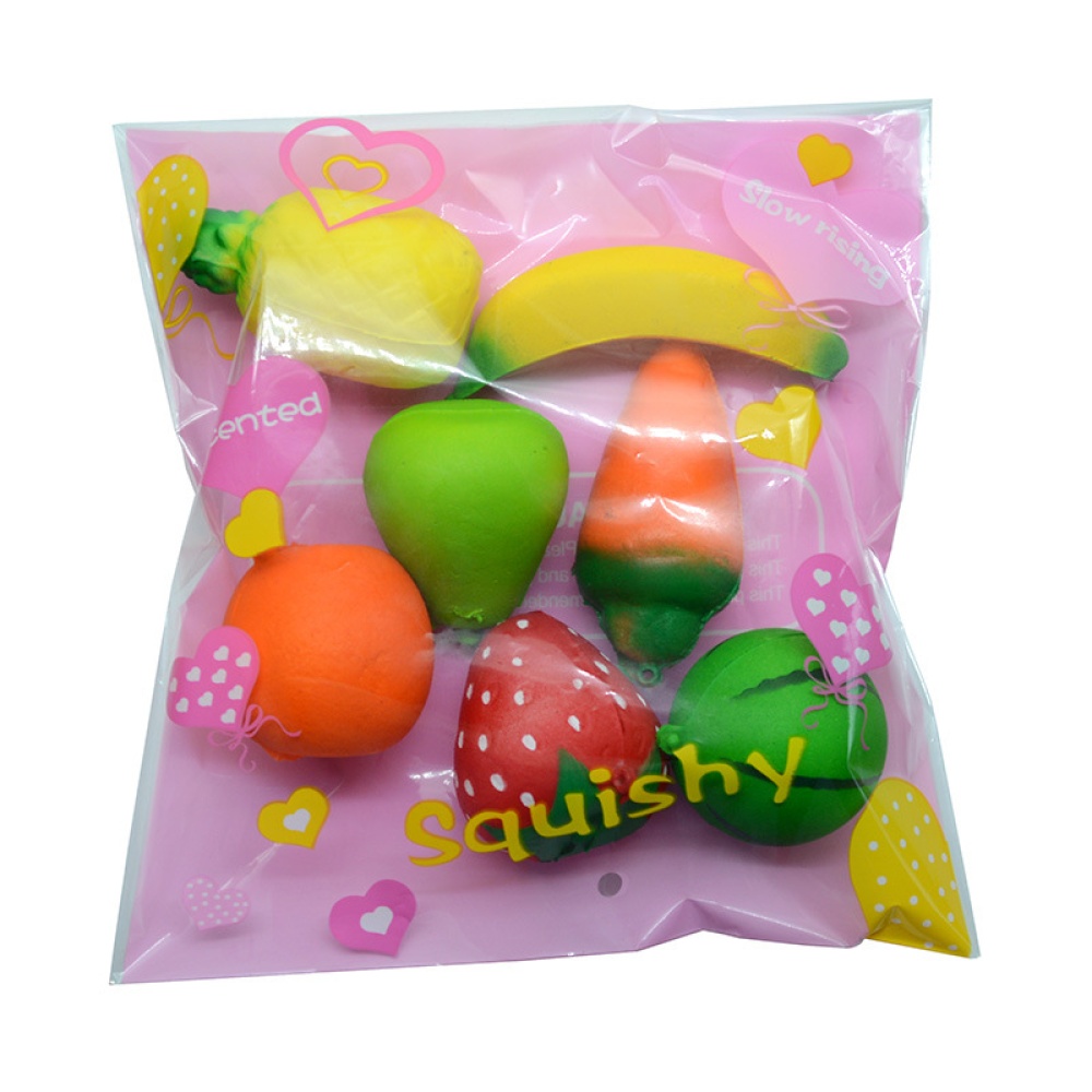 7pcs/Set Mini Cartoon Fruits Squishy Keychain PU Rising Toy Vent Soft Squeeze Decoration Random Style Not Repeated 7pcs/set random style not - Image 2