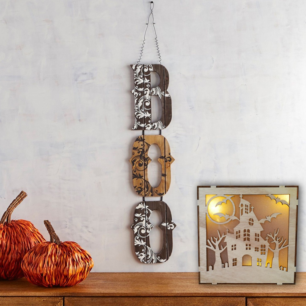 Wooden Hollow Hanging Pendant Pumpkin Haunted House LED Lights 3D Halloween Party Decoration Crafts JM01502 - Image 3