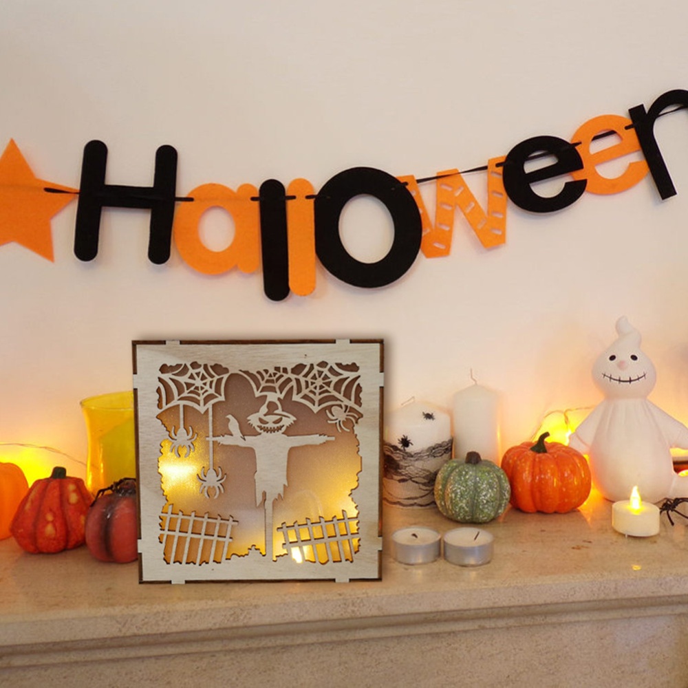 Wooden Hollow Hanging Pendant Pumpkin Haunted House LED Lights 3D Halloween Party Decoration Crafts JM01502 - Image 2