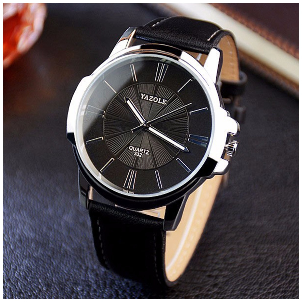 Men Large Dial Business Fashion Belt Quartz Watch Black - Image 2