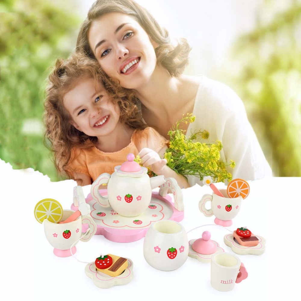 Wooden Simulation Tea Set Pot Cups Spoons Intelligence Children Play House DIY Toy Gift