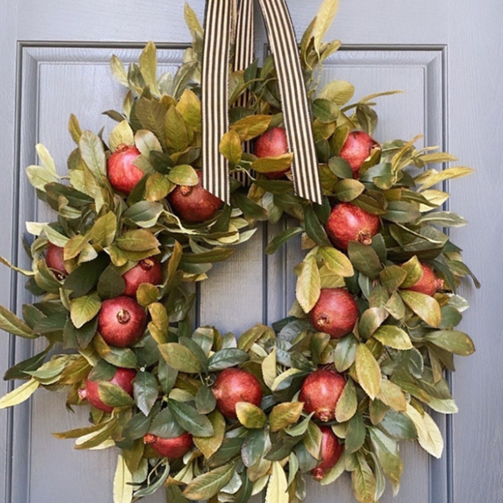 Artificial Pomegranate Wreath Bowknot And Leaf Thanksgiving Farmhouse Front Door Decor 45cm
