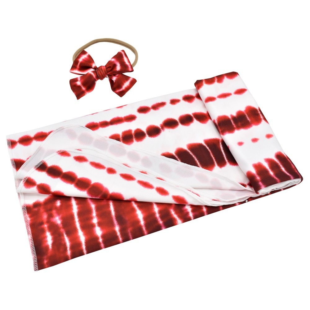 2Pcs/Set Tie Dye Printing Swaddle Towel + Bowknot Hair Band for Infant Baby Wine red Dye_80*100cm